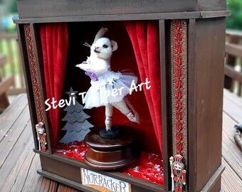 The Nut Cracker Suite Stage Sugar Plum Fairy Ballerina Mouse Needle Felt Set on Vintage Wooden Windup Music Box Christmas Holiday Tradition