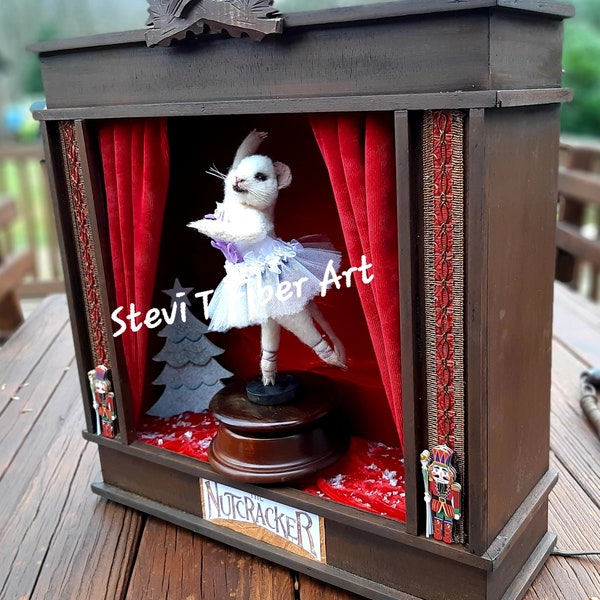 The Nut Cracker Suite Stage Sugar Plum Fairy Ballerina Mouse Needle Felt Set on Vintage Wooden Windup Music Box Christmas Holiday Tradition