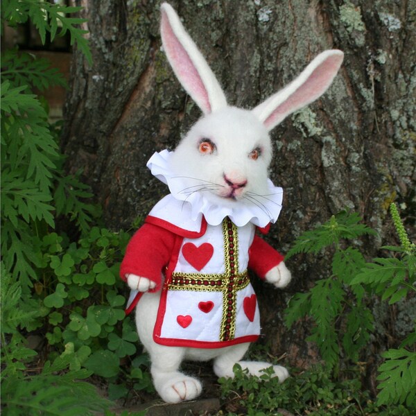 Wonderland The White Rabbit in a Red Queen Hearts Tunic Needle felted Storybook OOAK Doll