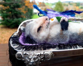 Playing Dead Opossum OOAK Needle felted Fiber Art Set in Antique Silverplate Roll Top Butter Dish Coffin Box by Bear Artist Stevi T.