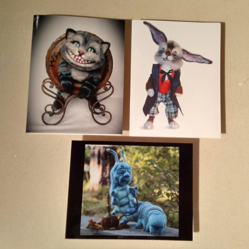 Set Of 3 Alice in Wonderland Note Cards 5.5 by 4 Cheshire Cat March Hare Blue Caterpillar Needle Felt by Artist Stevi T Frameable Designs