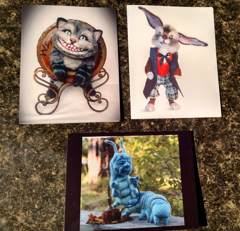 Set Of 3 Alice in Wonderland Note Cards 5.5 by 4 Cheshire Cat March Hare Blue Caterpillar Needle Felt by Artist Stevi T Frameable Designs