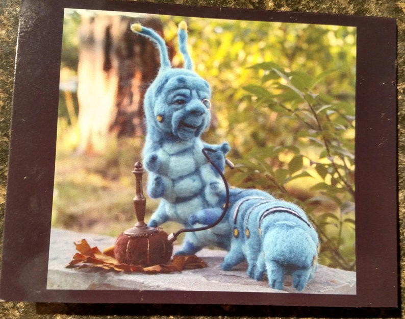 Set Of 3 Alice in Wonderland Note Cards 5.5 by 4 Cheshire Cat March Hare Blue Caterpillar Needle Felt by Artist Stevi T Frameable Designs