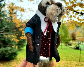 Alice in Wonderland Walrus Chess Piece, Needle Felted Fiber Art on Vintage Silverplate