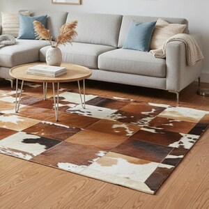 Cowhide Patchwork Rug: Tricolor Leather Design (Handmade, Custom Size)