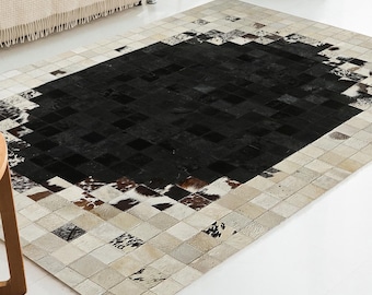 Zwart rundleder patchwork vloerkleed, handgemaakt echt leren tapijt