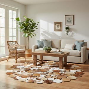 Handmade Round Cowhide Rug | Patchwork Circle Rug for Living Room Decor | Modern Farmhouse Style & Boho Home Accent | Natural Brown