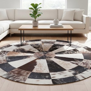 Round Cowhide Patchwork Rug, Tricolor Leather Carpet, Custom Size