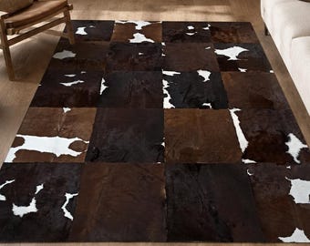 Handmade Cowhide Patchwork Area Rug, Tricolor Real Leather Carpet, Custom Size