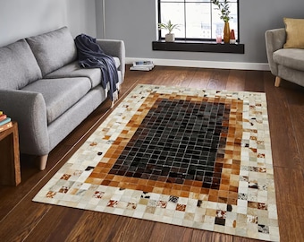 Handmade Brown and Black Cowhide Patchwork Rug