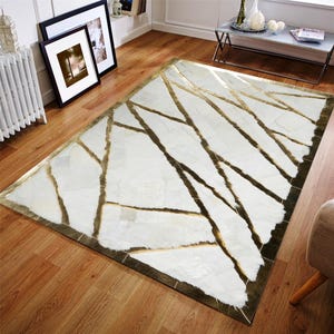 White & Gold Plush Shaggy Rug, Plush Fur Carpet with Gold Stripes, Cream High-Pile Fur Rug, Gold Border Faux Fur Carpet, New Home Gift