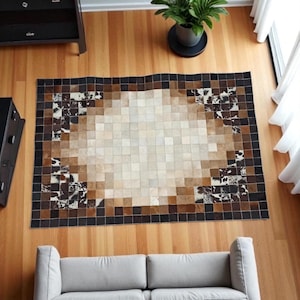 Brown and Cream Cowhide Area Rug, Handmade Leather Patchwork Rug, Custom Size Tricolor Cowhide Carpet for Living Room Decor, Custom Size Rug