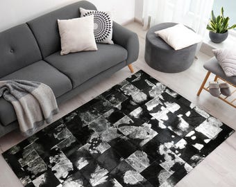 Black Cowhide & Silver Leaf Patchwork Rug, Genuine Calfskin Floor Carpet, Luxury Silver Detailed Black Rug for Living Room, Modern Home Gift