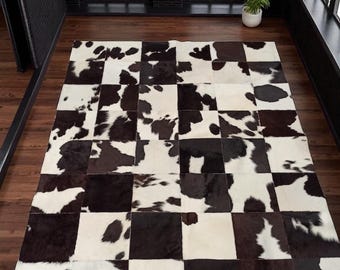 Brown and White Cowhide Patchwork Rug, Real Leather Area Rug, Handmade Brazilian Cowhide Carpet, Custom Size Entryway Rug, Rustic Decor Gift