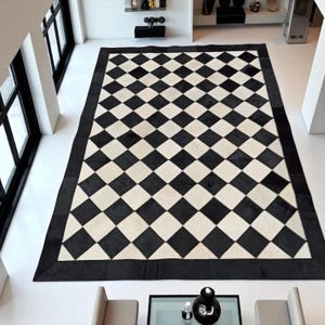 Patchwork Cowhide Rug, Black White Diamond Pattern (Handmade Leather)