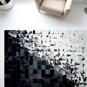 Black and White Cowhide Patchwork Rug – Genuine Leather Large Area Carpet, Modern Handmade Living Room Rug, Custom Size Durable Home Decor