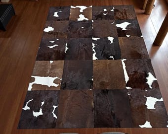 Handmade Cowhide Patchwork Area Rug, Tricolor Real Leather Carpet, Custom Size