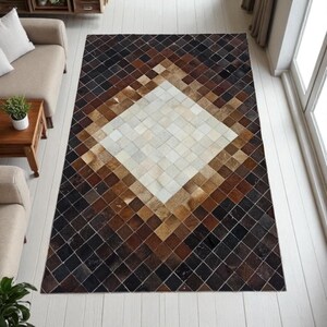 Cowhide Area Rug: Brown Ombre Diamond Patchwork (Handmade Leather)