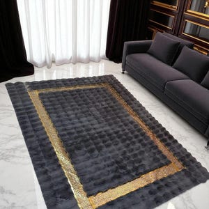 Gray Plush Area Rug – Soft Faux Fur Carpet with Gold Border, Handmade Luxury Shaggy Rug, Custom Size Available for Living Room or Bedroom
