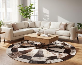 Round Cowhide Patchwork Rug, Tricolor Leather Carpet, Custom Size
