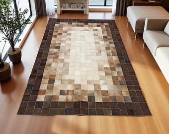 Ombre Cowhide Patchwork Rug, Handmade Brown Beige Leather Carpet