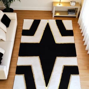 Black and White Plush Rug – Soft Faux Fur Carpet with Gold Accents, Handmade Geometric Modern Rug, Custom Size Area Rug for Living Room
