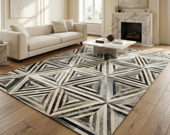 Modern Leather Rug, Geometric Triangles, Black Grey Neutral (Custom Sizes)