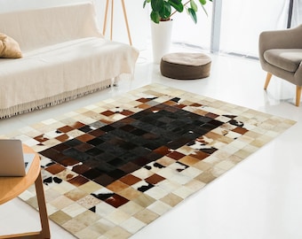 Handmade Cowhide Patchwork Rug, Beige Brown, Genuine Leather Area Carpet