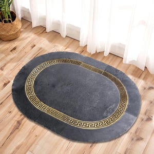 Gray & Gold Oval Plush Rug, Dark Grey Fur Carpet with Gold Frame, Luxury Faux Fur Area Rug for Living Room, High-Quality Ultra Soft Fur Rug