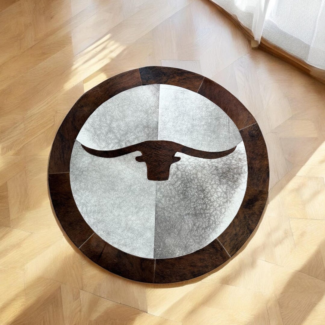 Bull Head Cowhide Round Rug, Horn Shape Patchwork Calfskin Rug, Country ...