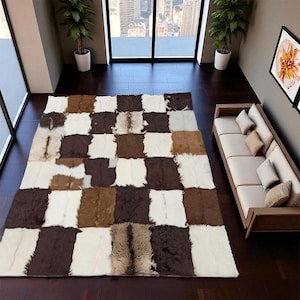 Handmade Goatskin Patchwork Area Rug, Real Goat Fur Carpet, Natural Brown and White Area Rug, Custom Home Decor Rug, Custom Size Rug