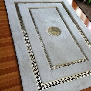 White Fur Rug with Gold Frame, Shaggy Carpet, Solid White Faux Fur Rug with Gold Border,Elegant For Livingroom , Handmade Any size possible