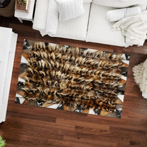 Genuine Fox Fur Rug, Natural Fox Fur Stitched Carpet, Black and Brown Shaggy Rug for Living Room, Thick & Soft Fur Rug, Brown Farmhouse Rug