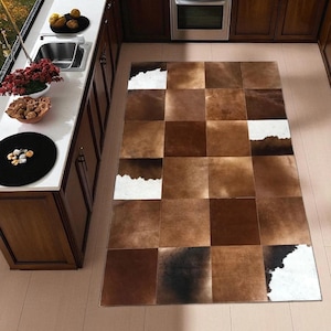 Brown and White Cowhide Patchwork Rug, Handmade Leather Area Rug for Living Room or Kitchen, Custom Size Natural Cow Skin Carpet