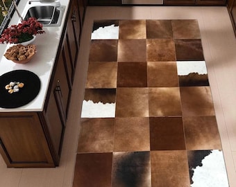 Cowhide Patchwork Rug: Brown and White Leather (Handmade, Custom Size)