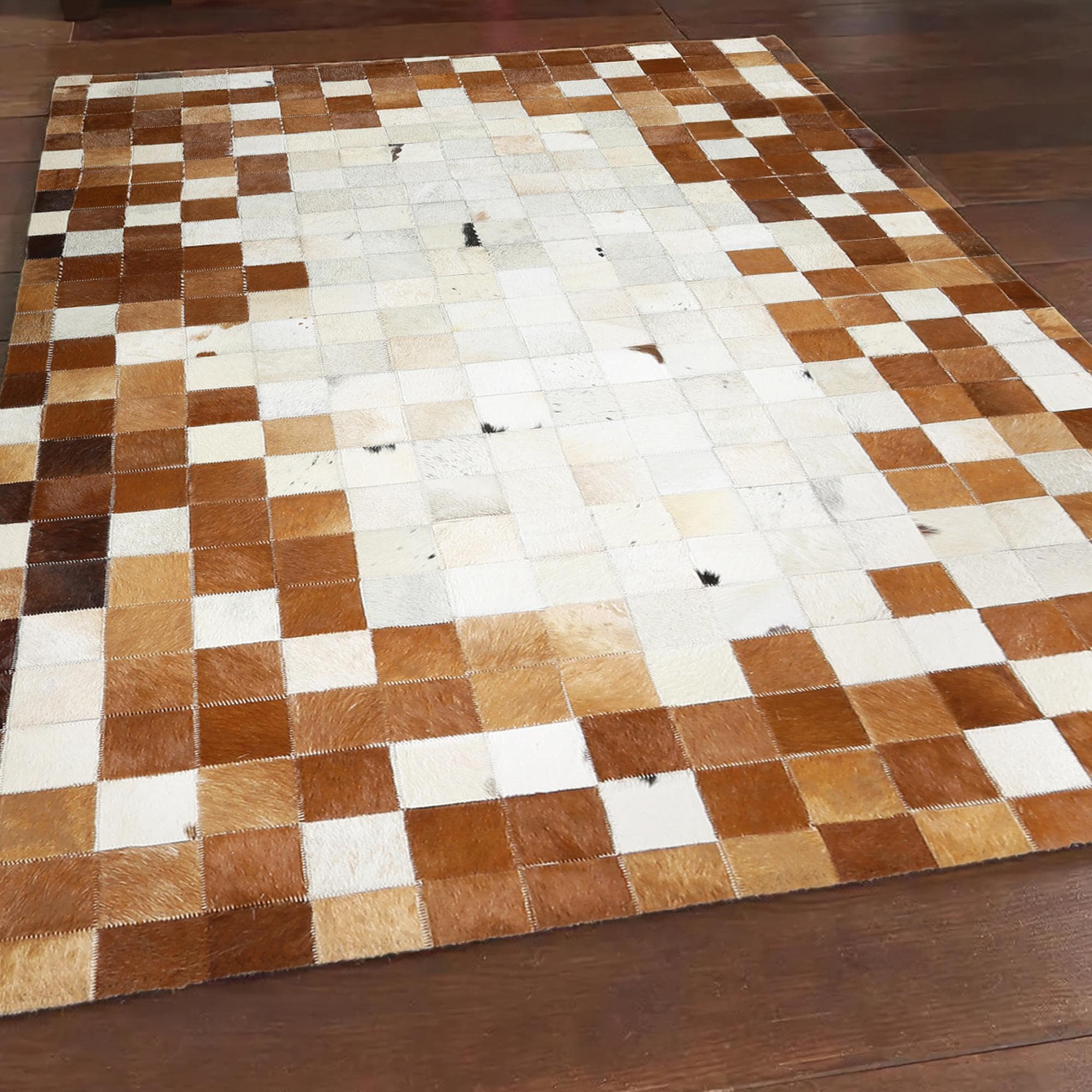 Brown & White Patchwork Calfskin Carpet, Genuine Cowhide Carpet, Checkered Pattern Cow Skin Rug, Rustic Patchwork Rug, Natural Leather Rug
