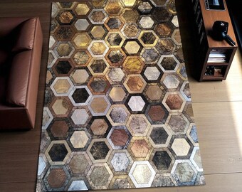 Handmade Cowhide Rug: Hexagon Patchwork Brown and Cream (Custom Sizes)