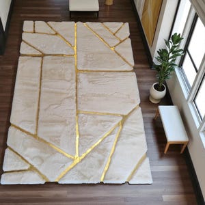 Beige Plush Rug – Soft Fluffy Shaggy Carpet with Gold Accents, Modern Luxury Plush Area Rug for Living Room, Custom Size Available