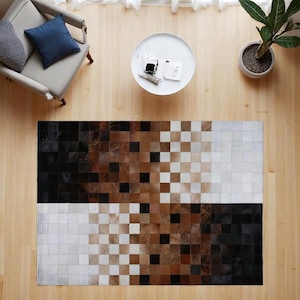 Brown Black White Cowhide Patchwork Rug, Genuine Leather Handmade Large Area Carpet, Modern Living Room Rug, Custom Size Home Decor