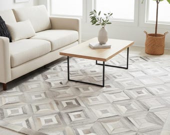 Handmade Cowhide Area Rug – Geometric Patchwork Leather Carpet