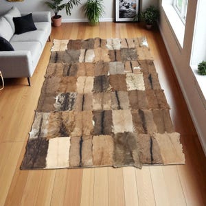 Rustic Patchwork Goatskin Rug: Handmade Natural Brown Goat Fur