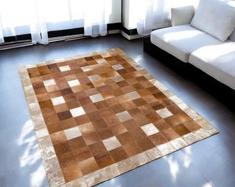Cowhide Patchwork Rug: Brown and Copper Tones - Genuine Leather