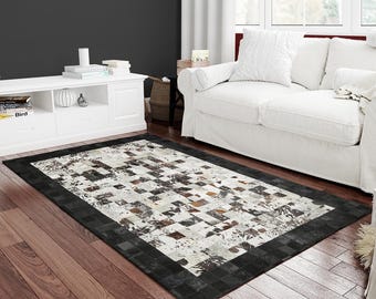 Patchwork Cowhide Rug, Handmade Black and White Leather Carpet