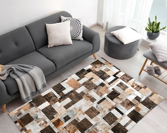 Handmade Patchwork Cowhide Rug, Natural Leather Area Carpet, Custom Size