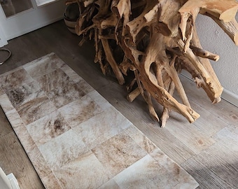 Tapete de corredor artesanal em patchwork de couro bovino - Couro marrom claro