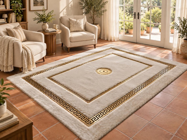 Greek Key Gold Rug Ivory Plush Area Rug, Double Greek Key Border, Fluffy Geometric Design ...
