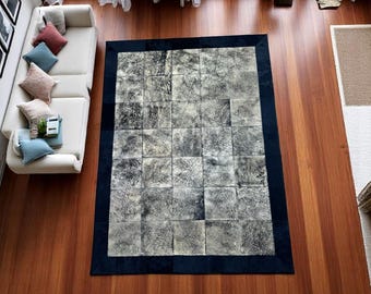 Modern Cowhide Patchwork Rug, Gold and Black Leather (Handmade)