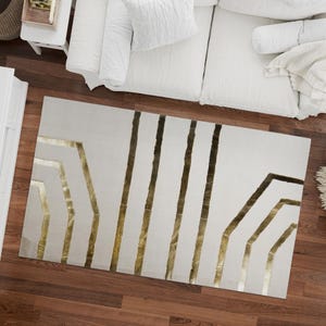 Geometric White & Gold Fur Plush Carpet, Gold Detailed Soft Shaggy Carpet, High Quality Faux Fur Area Rug, Cream Fluffy Rug for Living Room