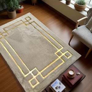Beige Faux Fur Area Rug with Gold Geometric Lines, Soft Shaggy Carpet for Living Room, Modern Rectangular Plush Floor Rug