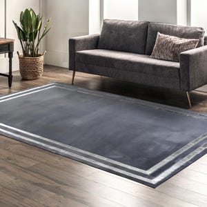 Silver Framed Gray Fur Plush Rug, Silver Border Shaggy Carpet, Fluffy Bedroom Rug, Grey Area Rug, Luxury Frame Fur Rug, Soft Living Room Rug